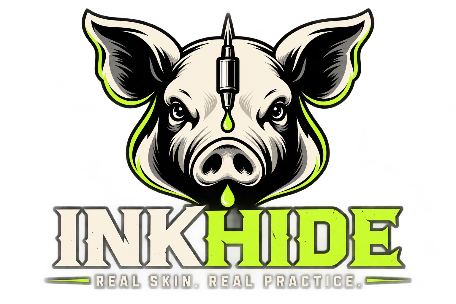 INKHIDE pig head and tattoo needle logo — Real Skin. Real Practice.